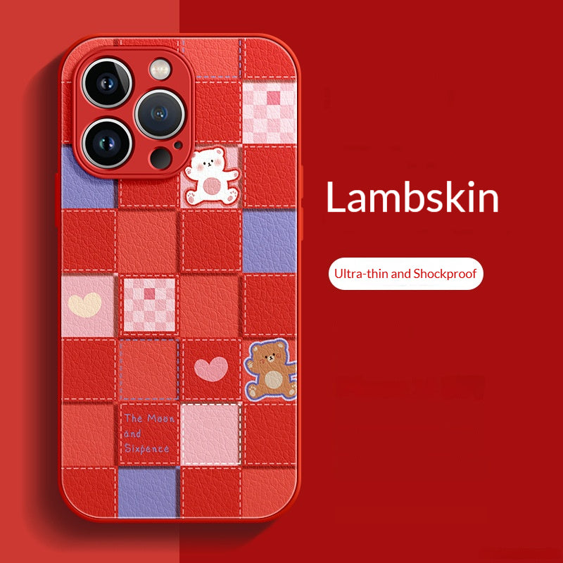 Checkered brown and white bear lambskin Apple phone case