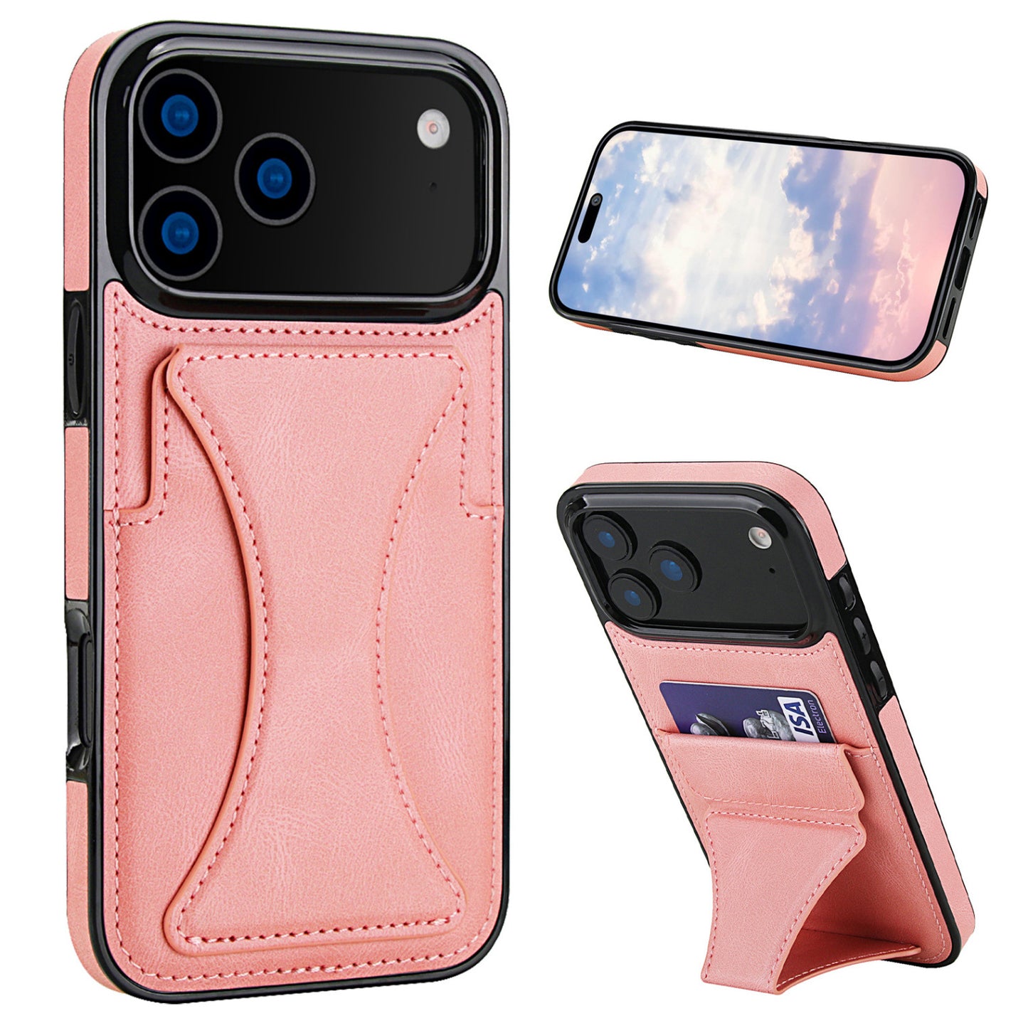 Leather-texture folding card-holder stand case for iPhone