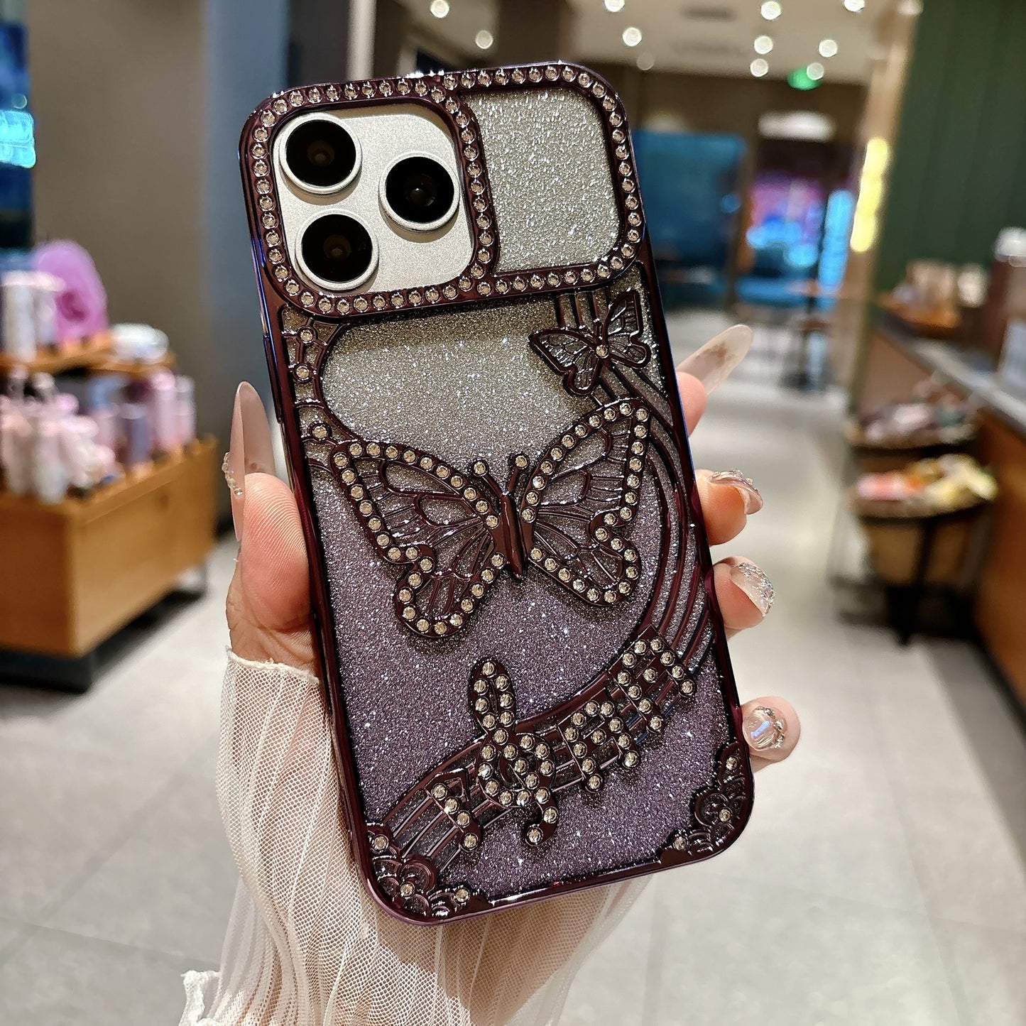 Electroplated gradient glitter rhinestone butterfly Apple phone case