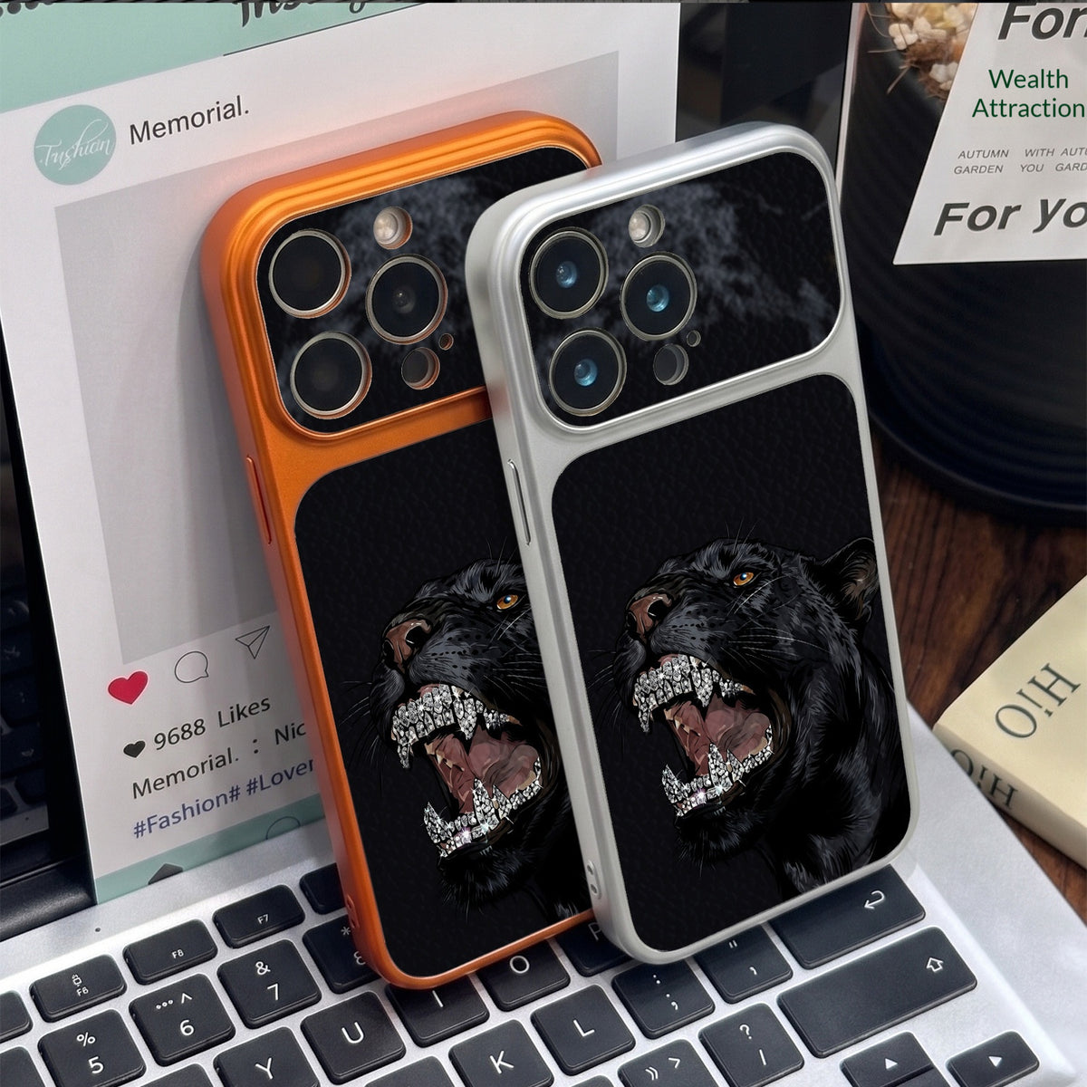 Diamond Black Panther Lychee Leather Texture Apple Phone Case