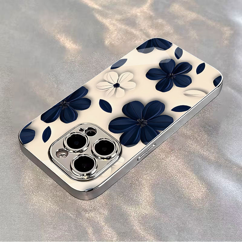 Electroplated glass blue and white flower Apple phone case