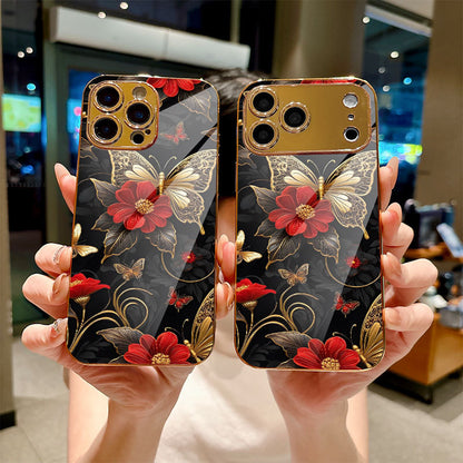 Electroplated Glass Black-Gold Butterfly and Red Flower iPhone Case