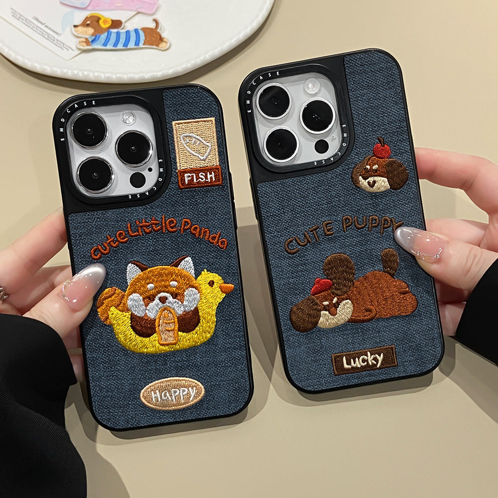 Retro ins embroidered puppy Apple phone case