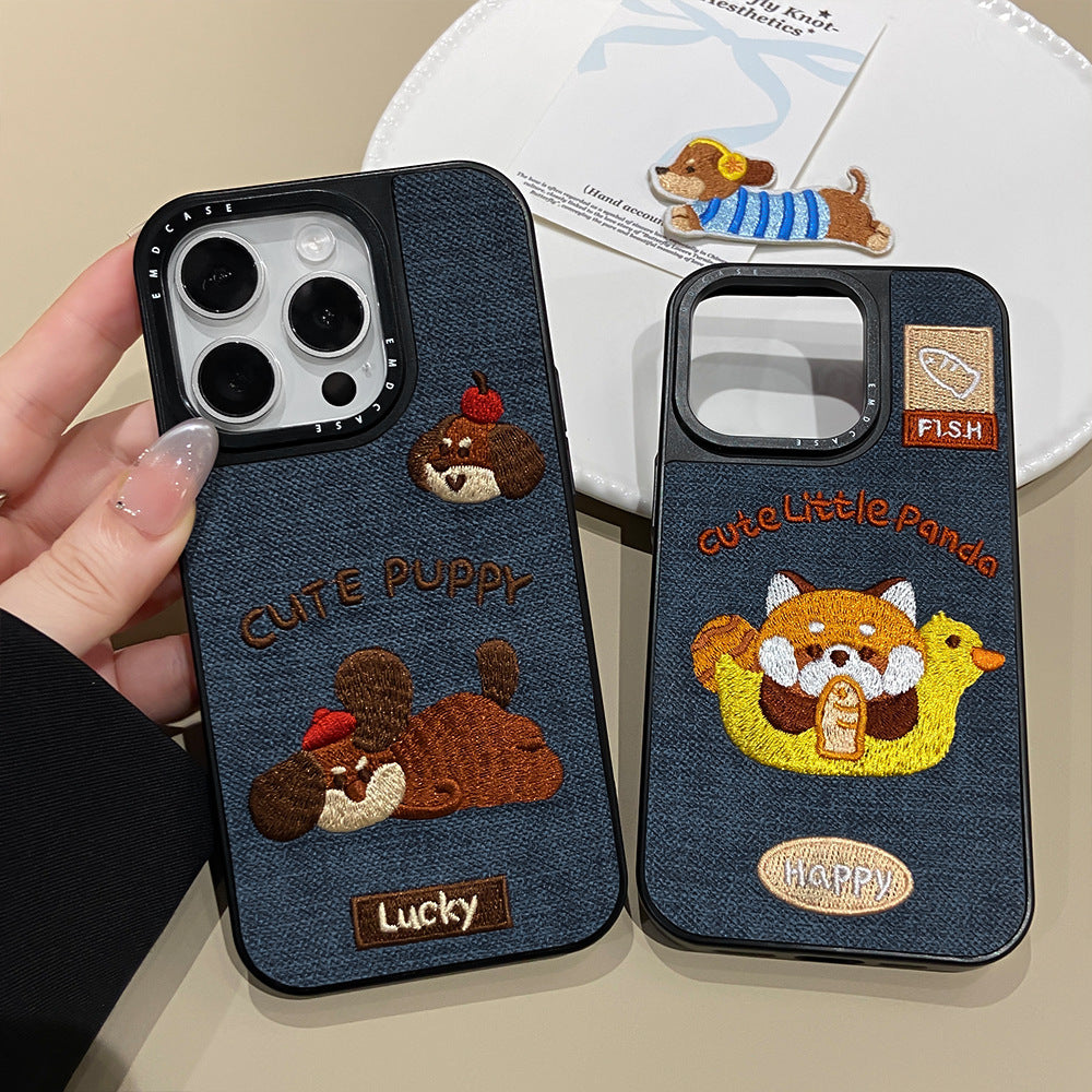 Retro ins embroidered puppy Apple phone case