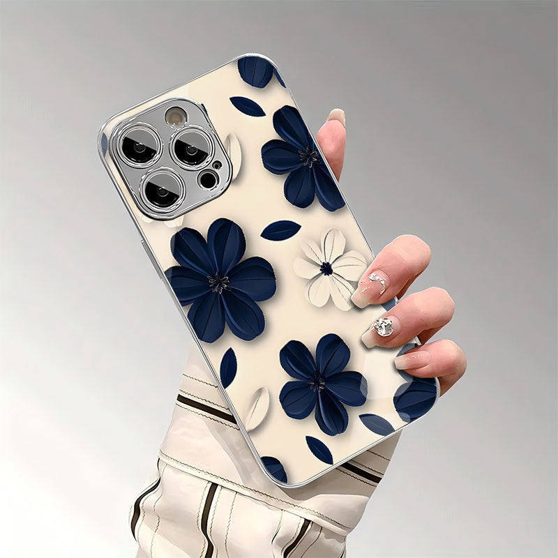 Electroplated glass blue and white flower Apple phone case