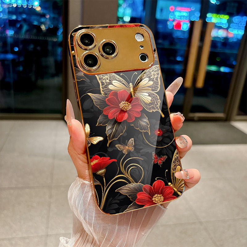 Electroplated Glass Black-Gold Butterfly and Red Flower iPhone Case