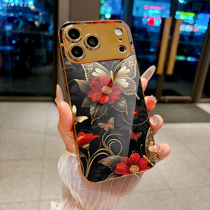Electroplated Glass Black-Gold Butterfly and Red Flower iPhone Case