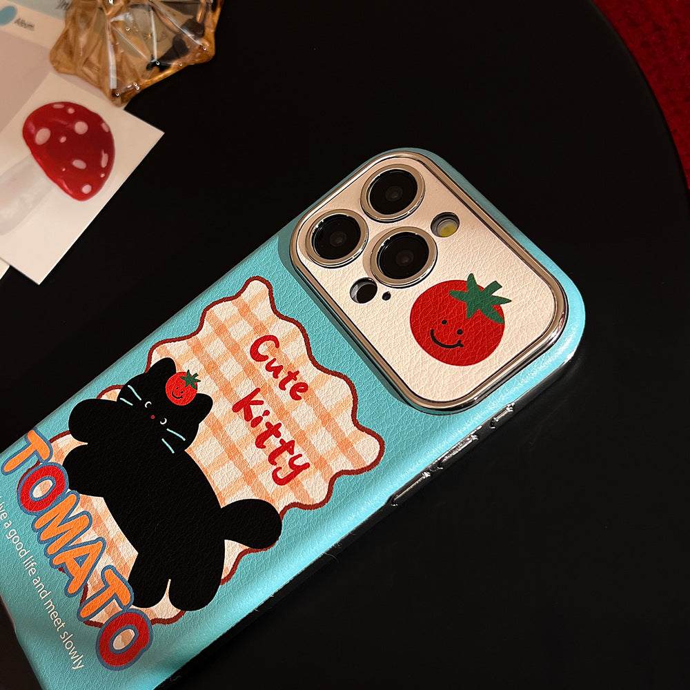 Lambskin Black Cat Tomato Apple Phone Case