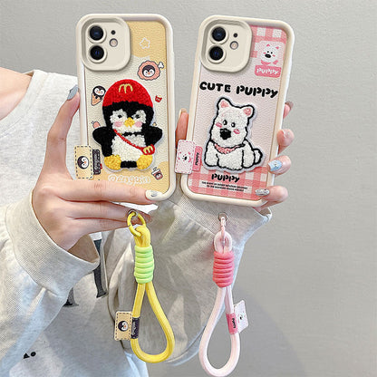 Leather embroidered cartoon Apple phone case
