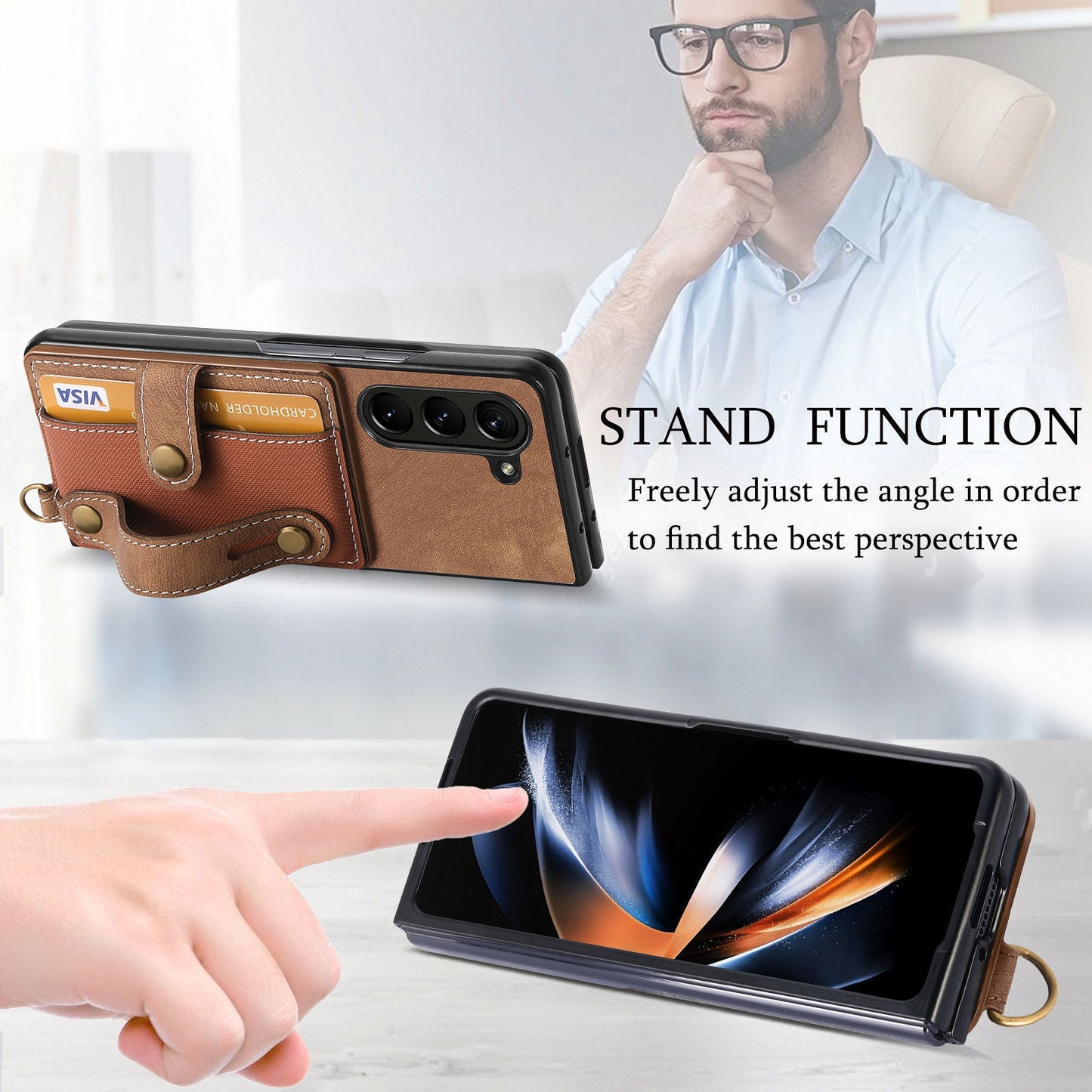 Wristband Lanyard Card Slot Leather Case Samsung Z Fold Phone Case