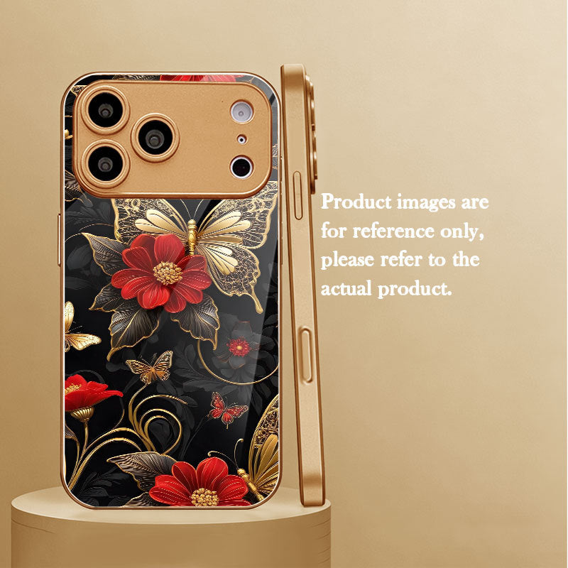 Electroplated Glass Black-Gold Butterfly and Red Flower iPhone Case