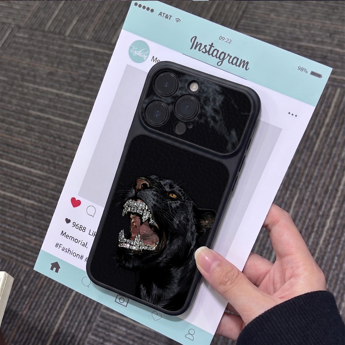 Diamond Black Panther Lychee Leather Texture Apple Phone Case