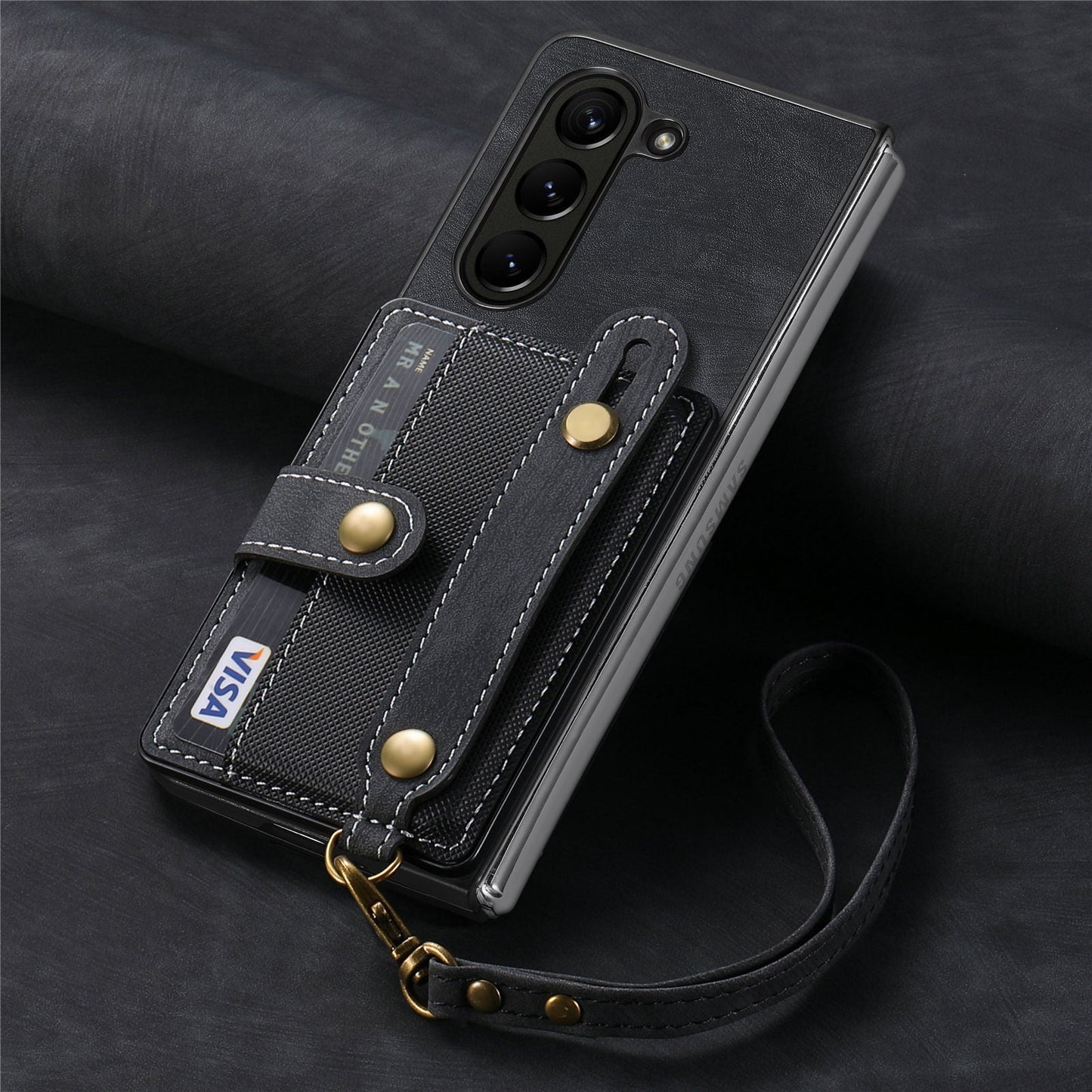 Wristband Lanyard Card Slot Leather Case Samsung Z Fold Phone Case