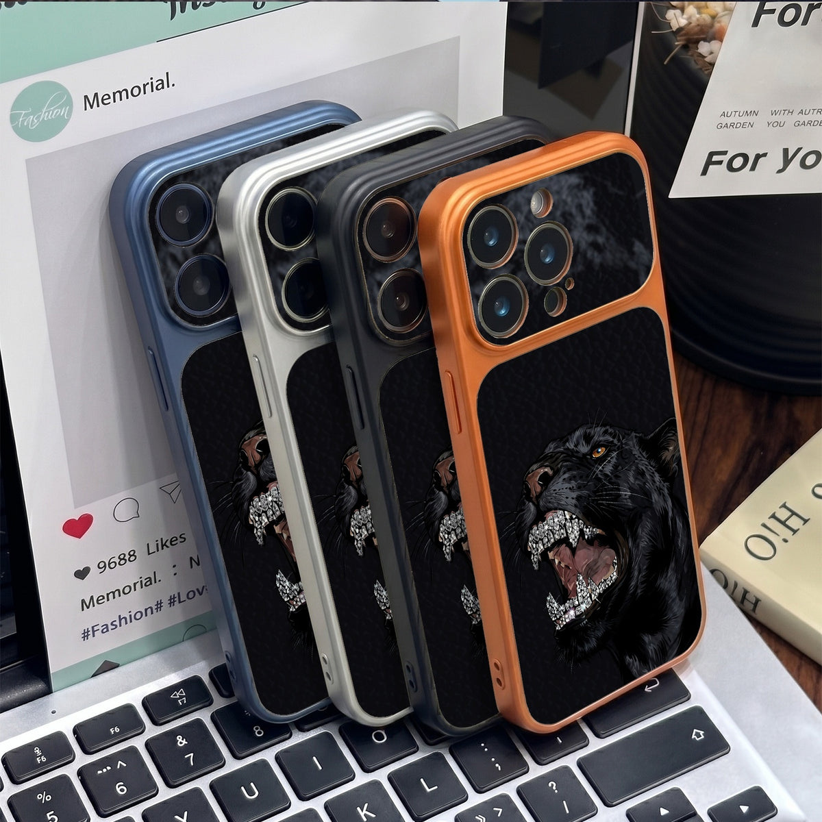 Diamond Black Panther Lychee Leather Texture Apple Phone Case