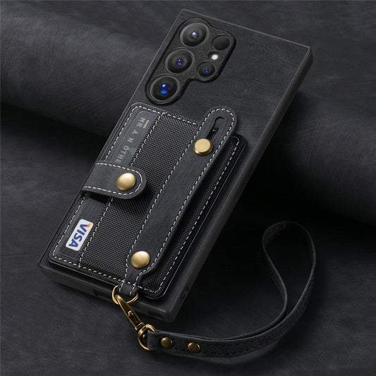Wristband Lanyard Card Slot Leather Case Samsung Phone Case