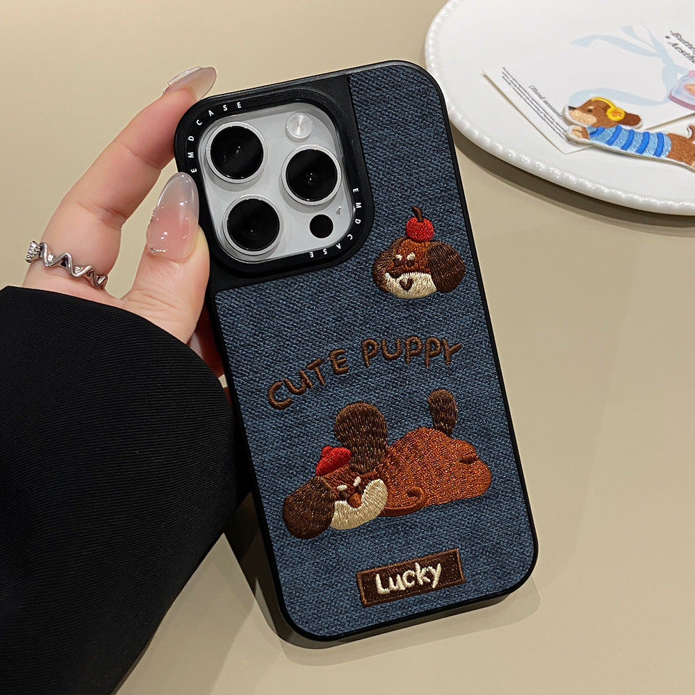 Retro ins embroidered puppy Apple phone case