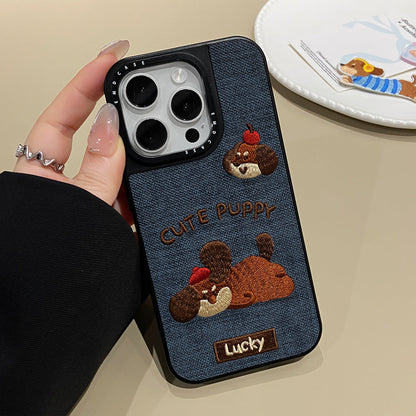 Retro ins embroidered puppy Apple phone case