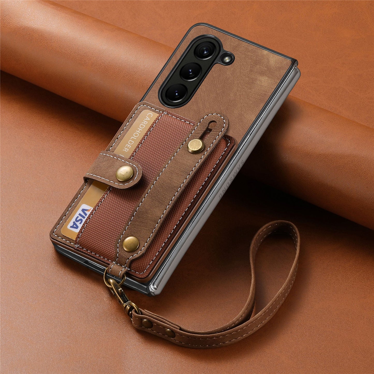 Wristband Lanyard Card Slot Leather Case Samsung Z Fold Phone Case