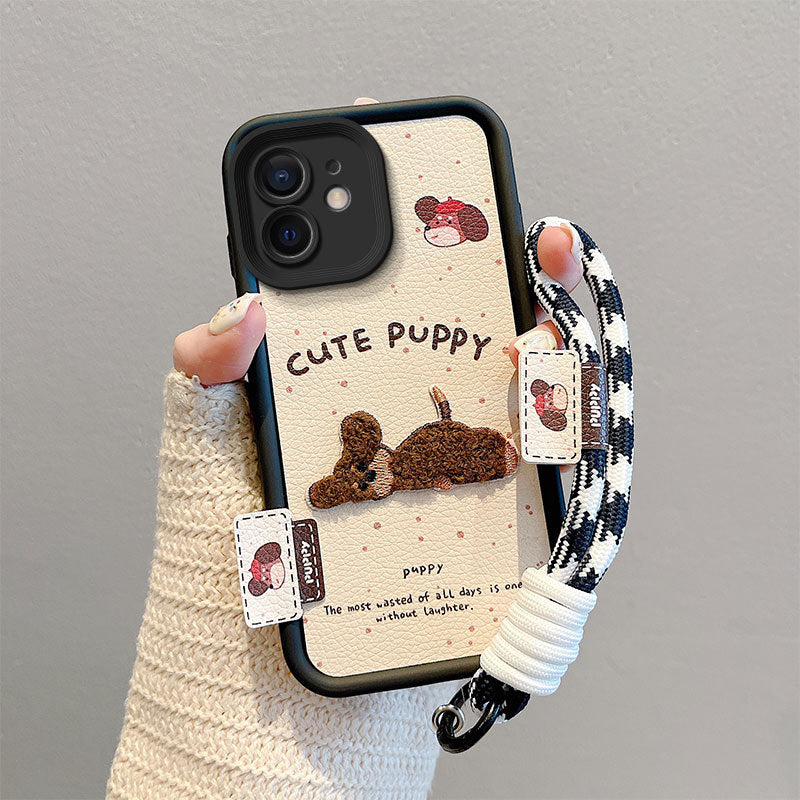 Leather embroidered cartoon Apple phone case