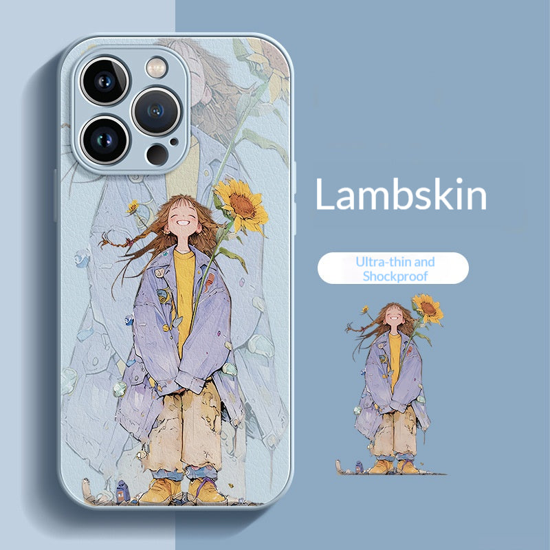 Sunflower Girl Lambskin Apple Phone Case