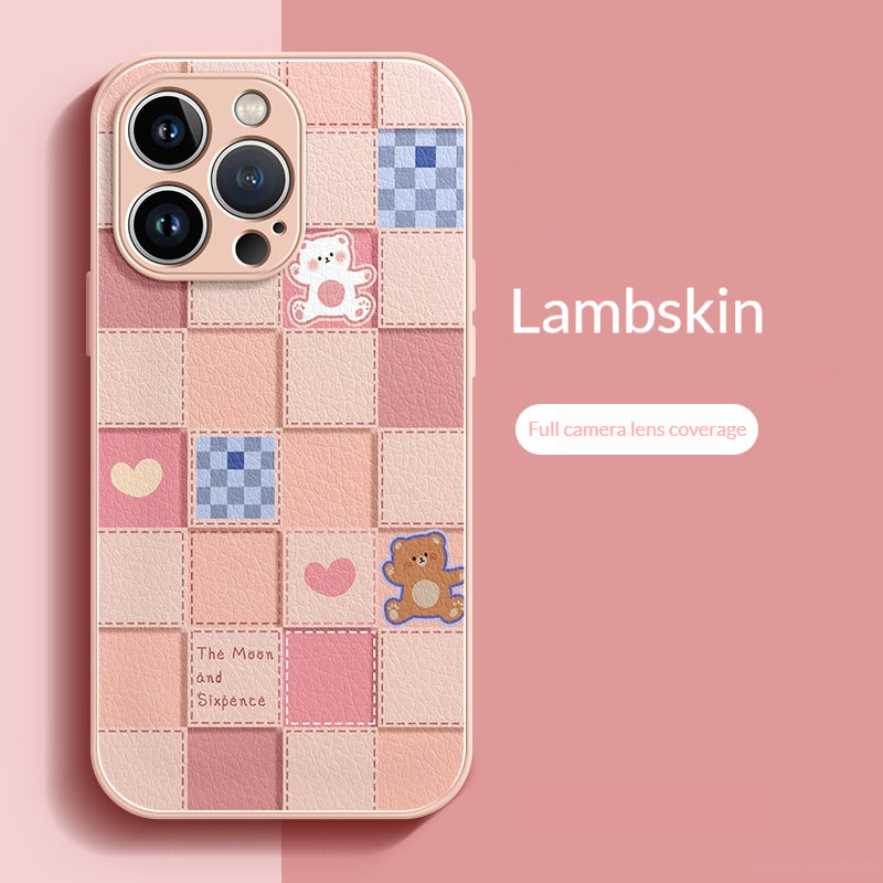 Checkered brown and white bear lambskin Apple phone case