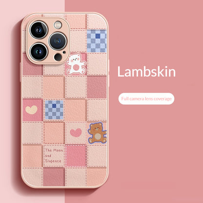 Checkered brown and white bear lambskin Apple phone case