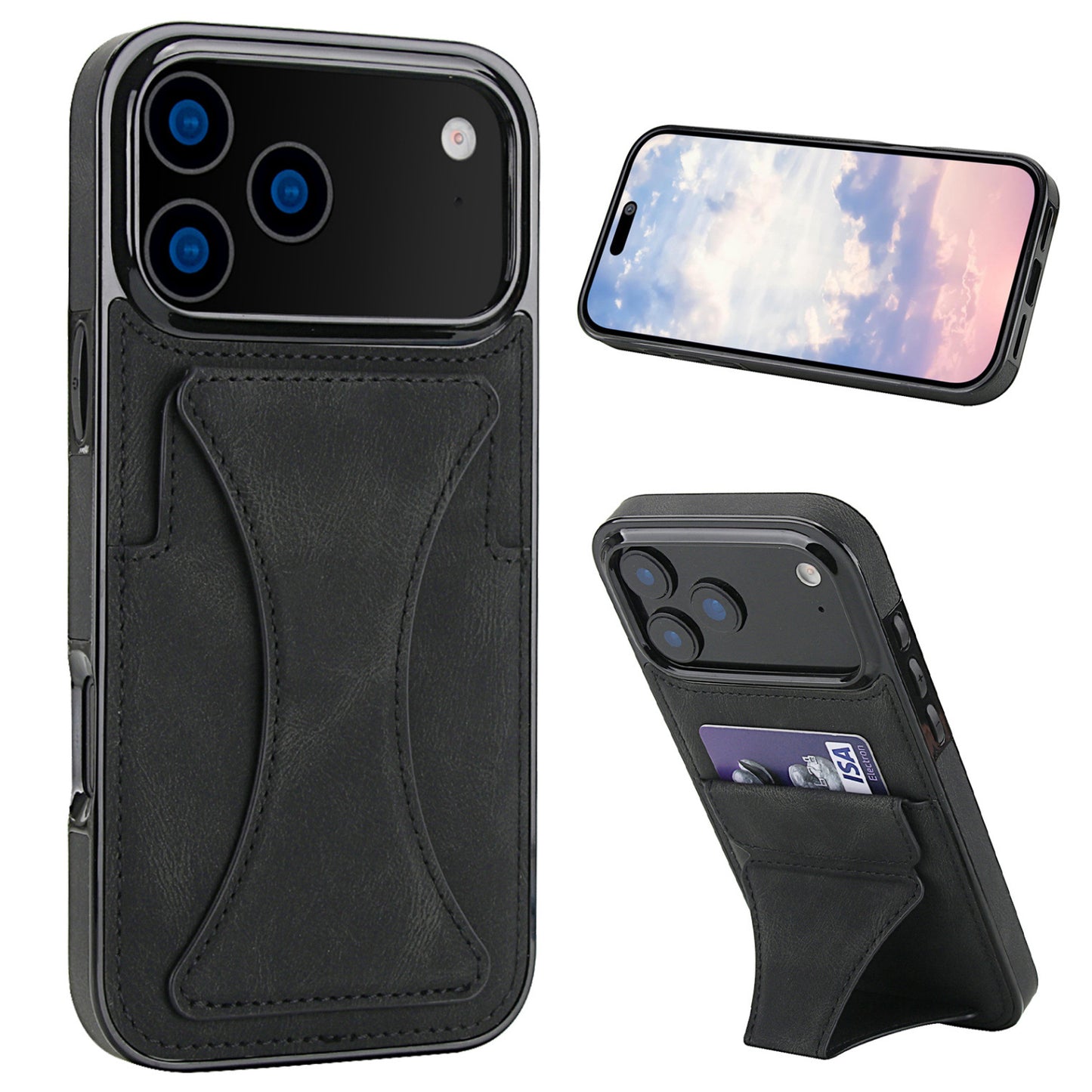 Leather-texture folding card-holder stand case for iPhone