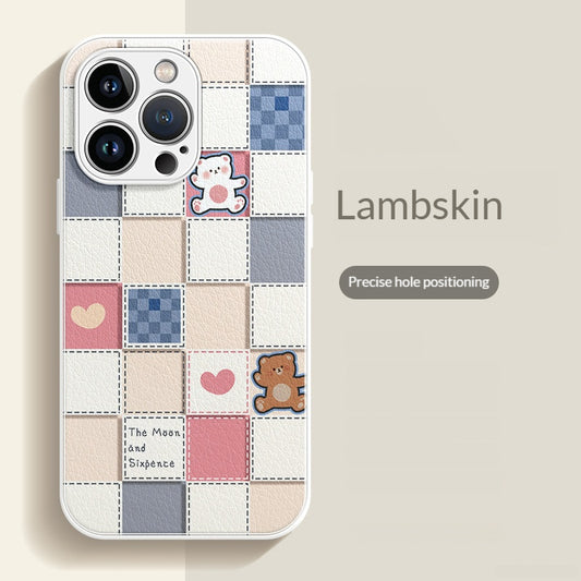 Checkered brown and white bear lambskin Apple phone case