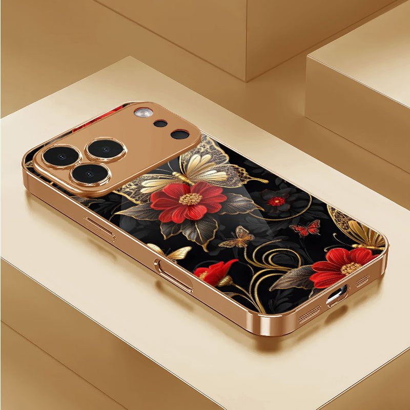 Electroplated Glass Black-Gold Butterfly and Red Flower iPhone Case