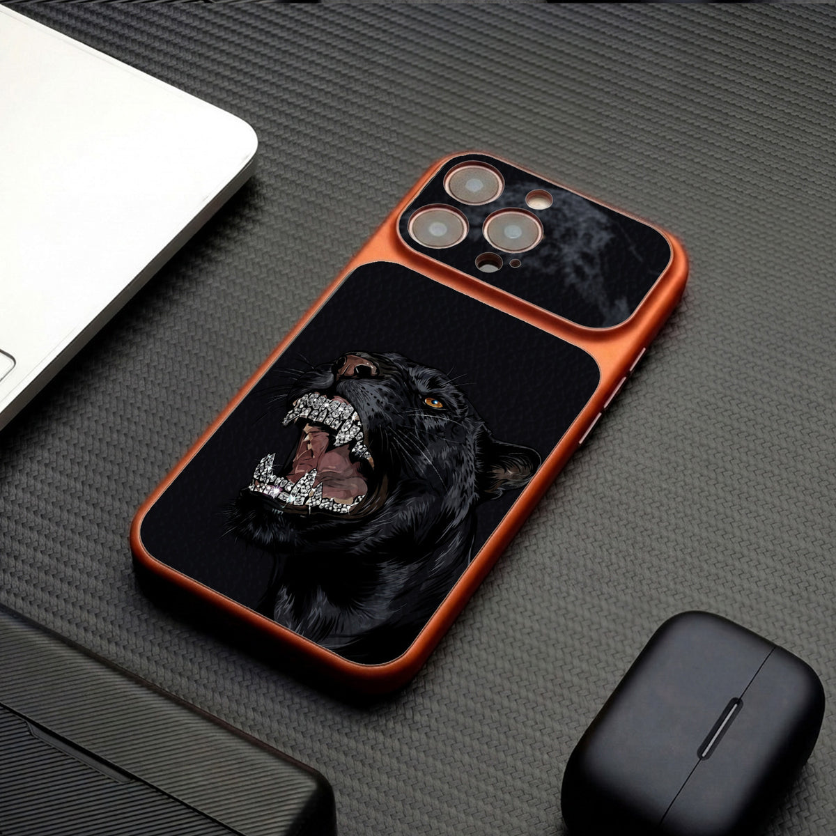 Diamond Black Panther Lychee Leather Texture Apple Phone Case