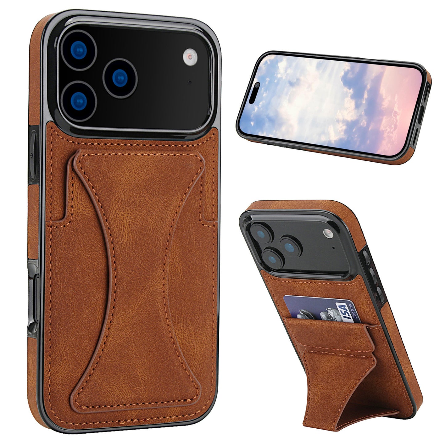 Leather-texture folding card-holder stand case for iPhone