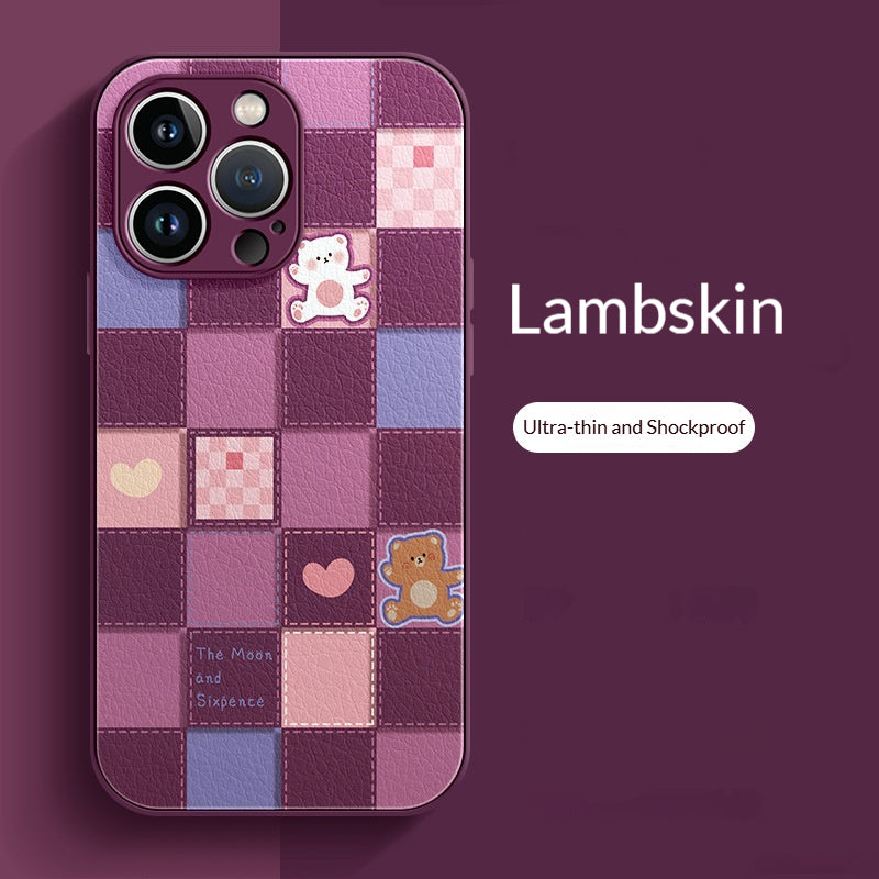 Checkered brown and white bear lambskin Apple phone case
