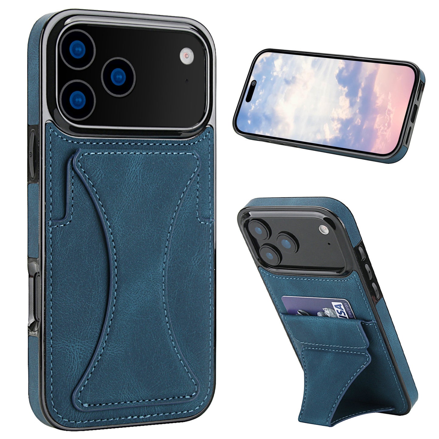 Leather-texture folding card-holder stand case for iPhone