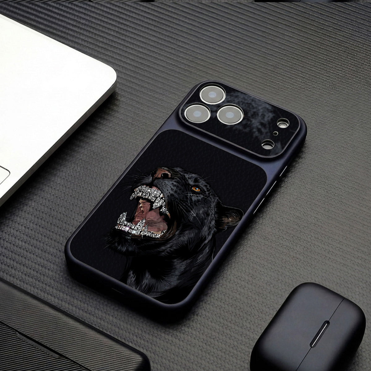 Diamond Black Panther Lychee Leather Texture Apple Phone Case