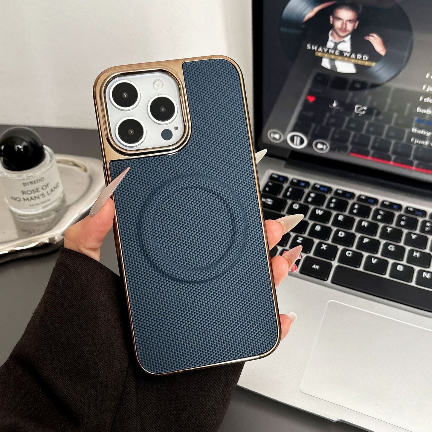 Leather grain magnetic electroplating Apple phone case