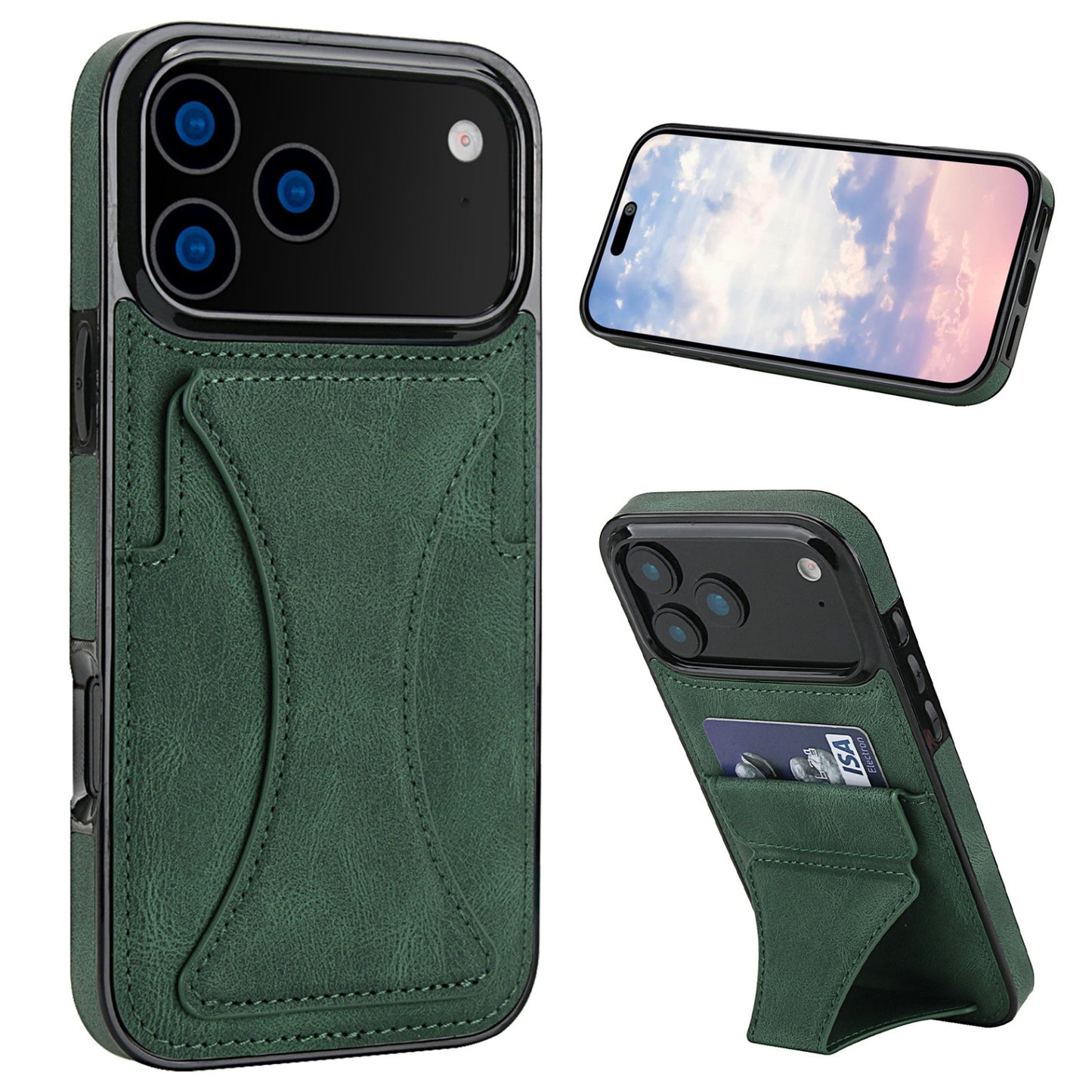 Leather-texture folding card-holder stand case for iPhone