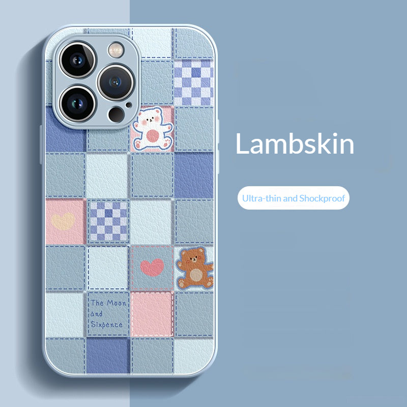 Checkered brown and white bear lambskin Apple phone case