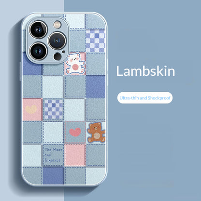Checkered brown and white bear lambskin Apple phone case