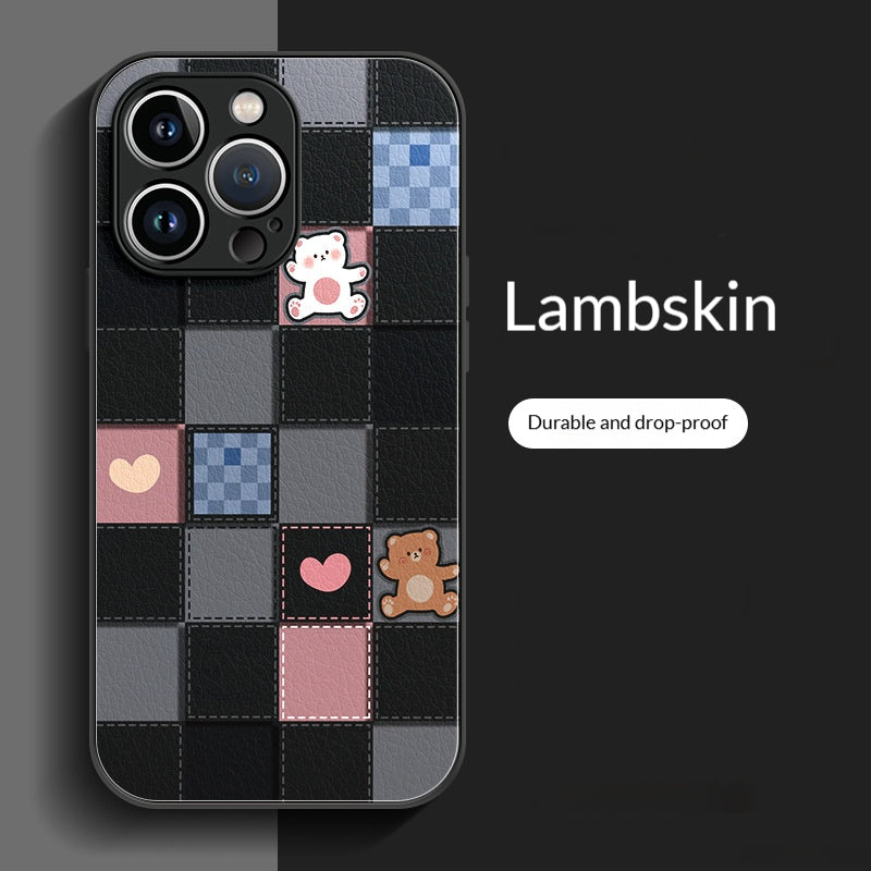 Checkered brown and white bear lambskin Apple phone case