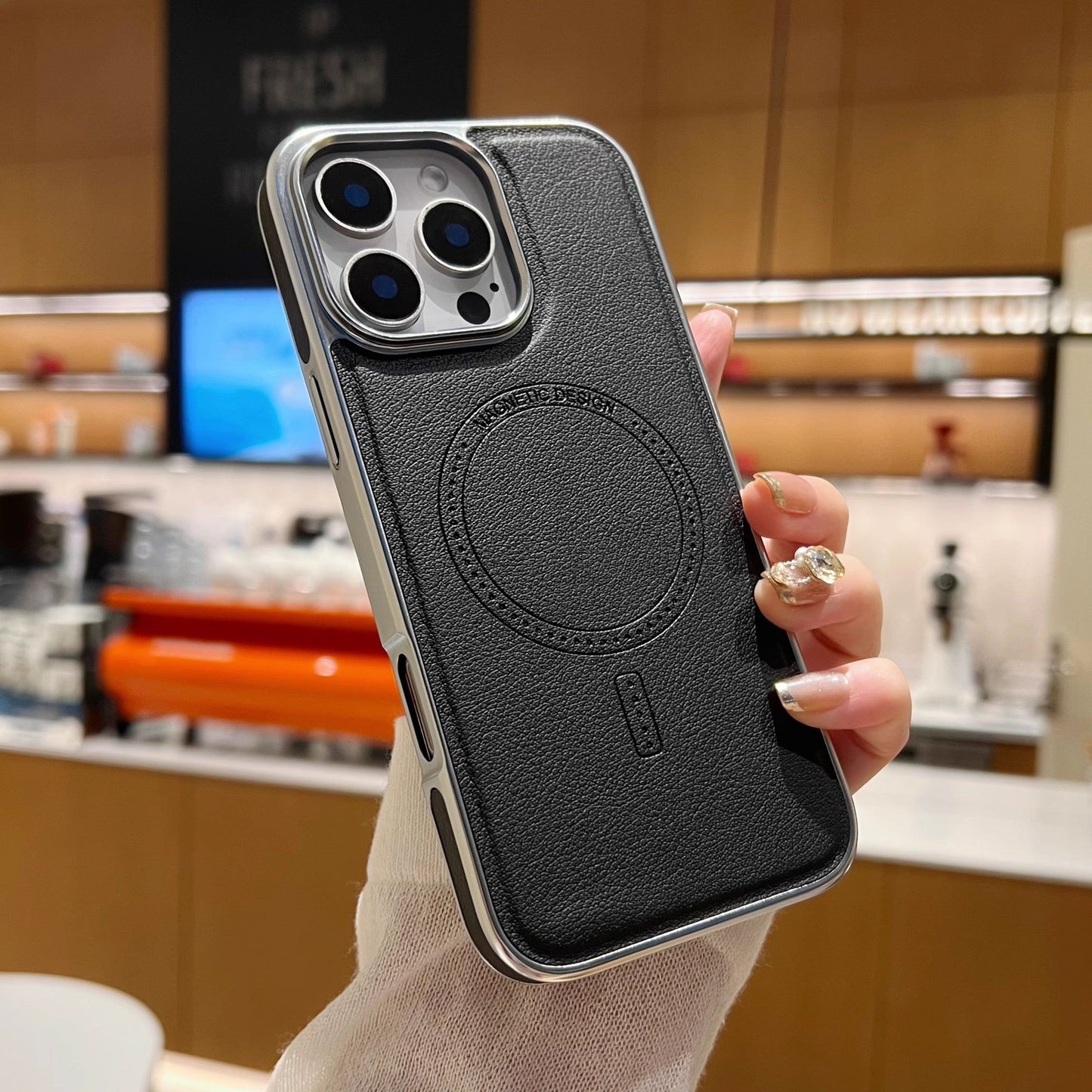 Side leather electroplating magnetic Apple phone case