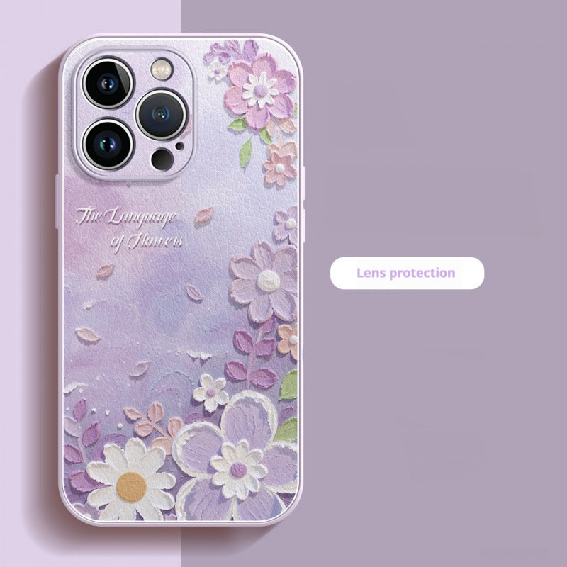 Lambskin oil painting flower Apple phone case