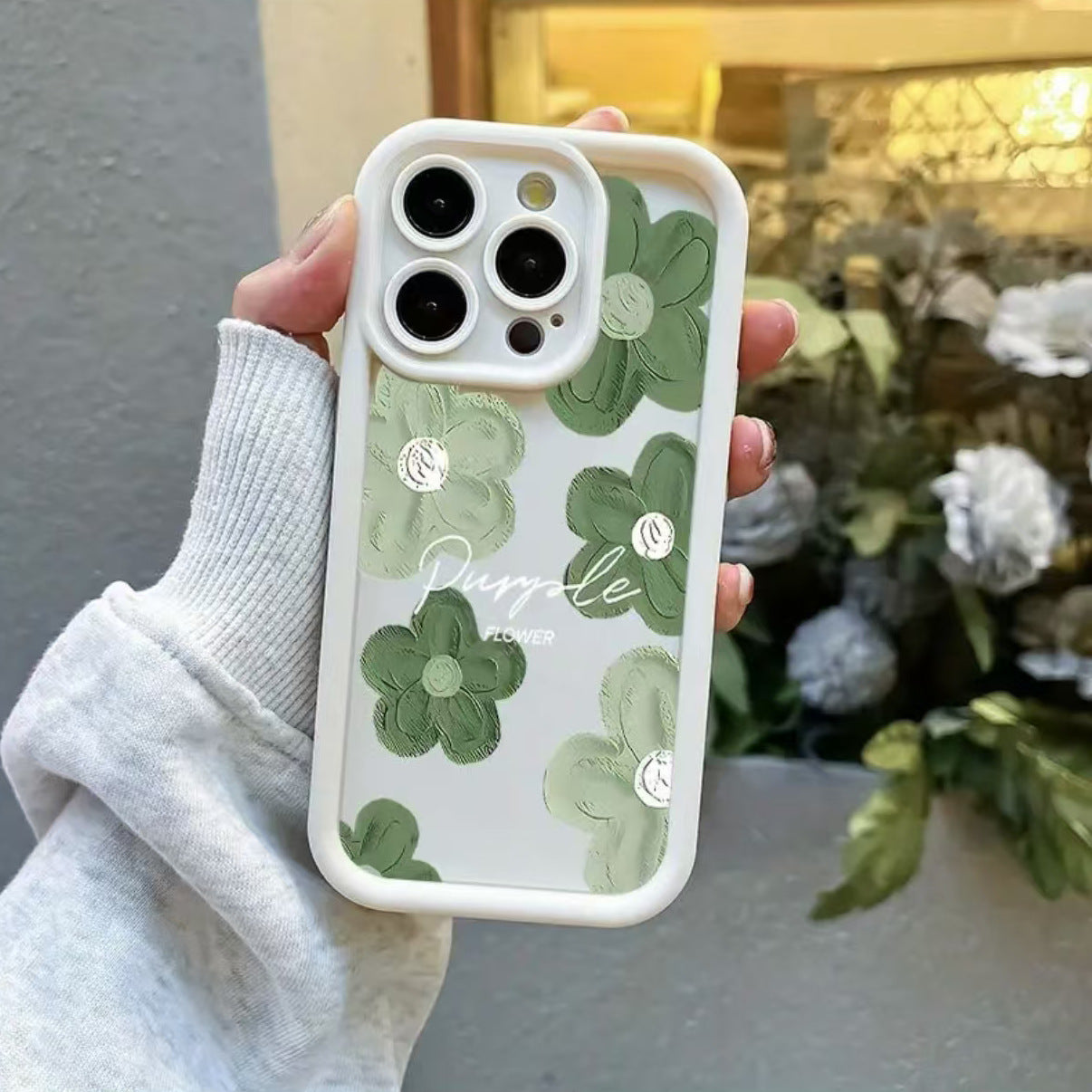 Trendy green oil painting flower Apple phone case