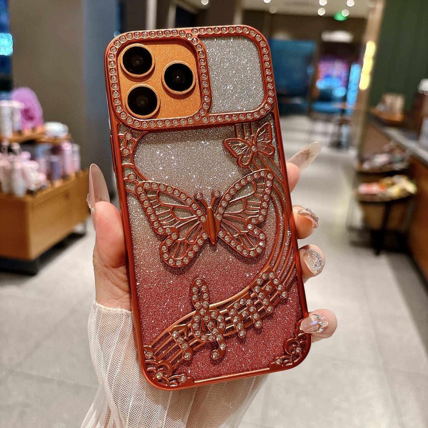 Electroplated gradient glitter rhinestone butterfly Apple phone case
