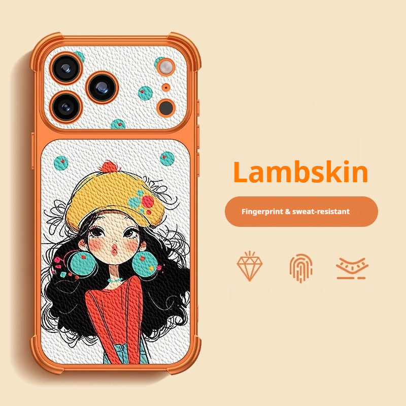 Cute cartoon yellow hat girl lambskin apple phone case