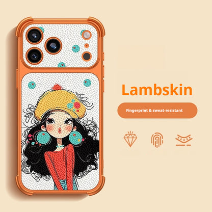 Cute cartoon yellow hat girl lambskin apple phone case