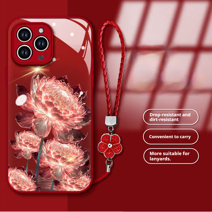 Glowing Epiphyllum Four-Leaf Clover Hanging Cord Glass Apple Phone Case