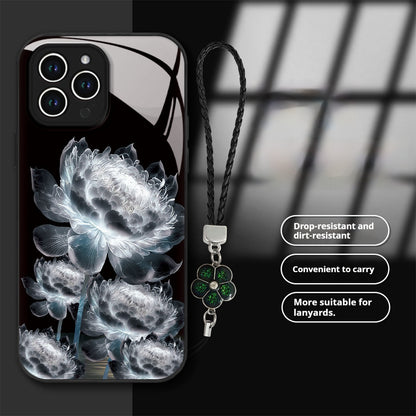Glowing Epiphyllum Four-Leaf Clover Hanging Cord Glass Apple Phone Case