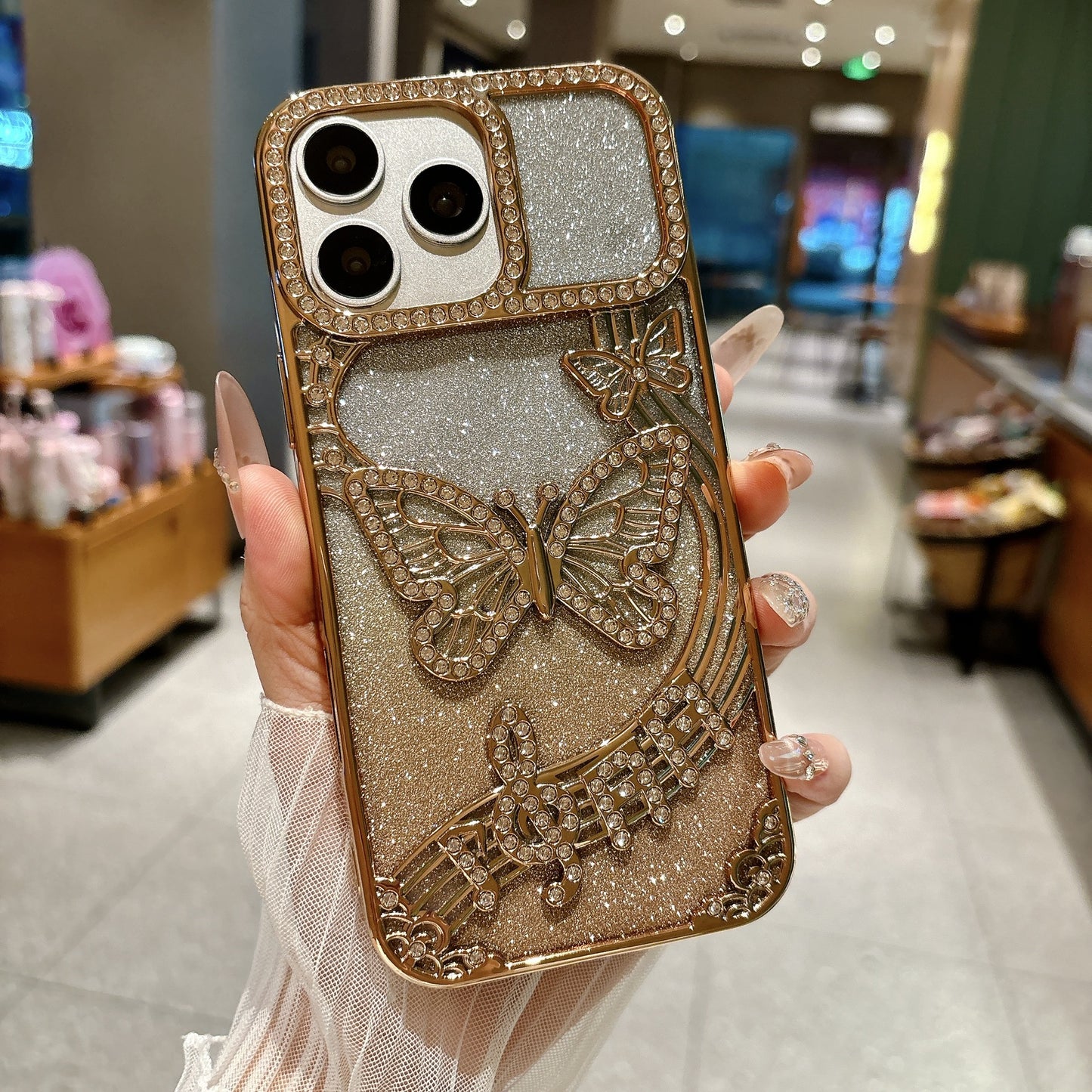 Electroplated gradient glitter rhinestone butterfly Apple phone case