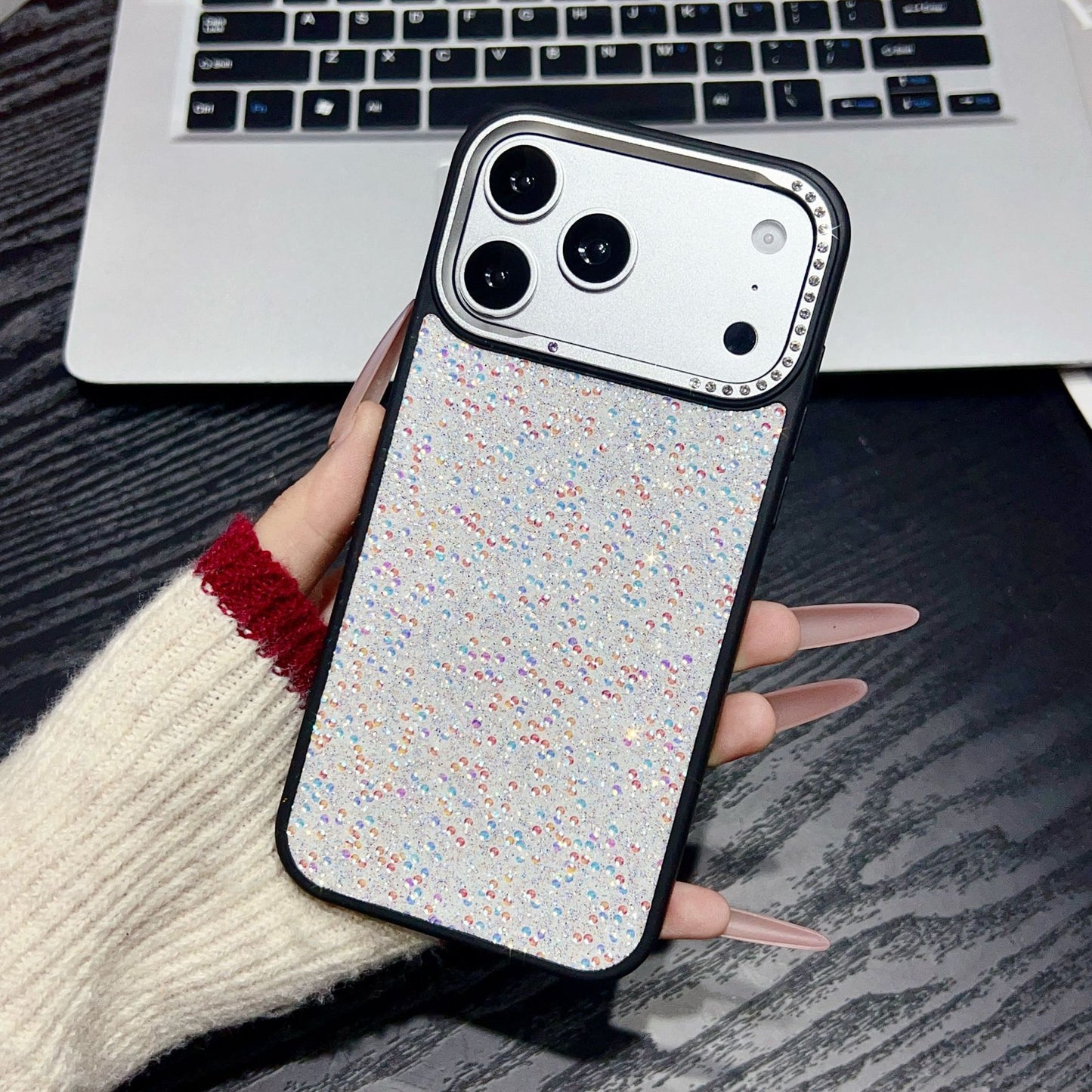 Metal, rhinestone, pearl leather, large window Apple phone case
