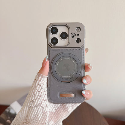 Frameless leather textured magnetic rotating stand Apple phone case